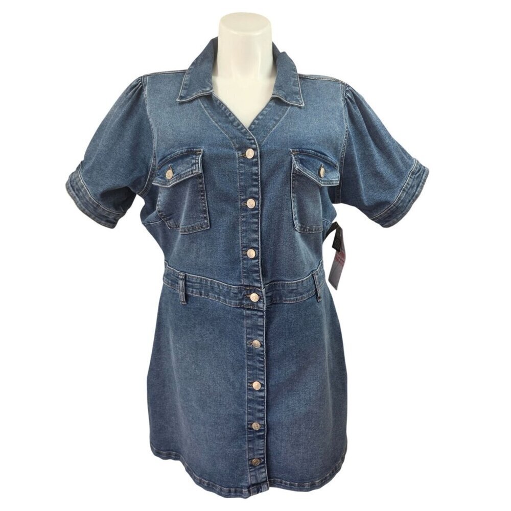 Celebrity Pink Denim Shirt Dress Sz XXXL Stretch Med Wash Btn Front Puff Slv NWT